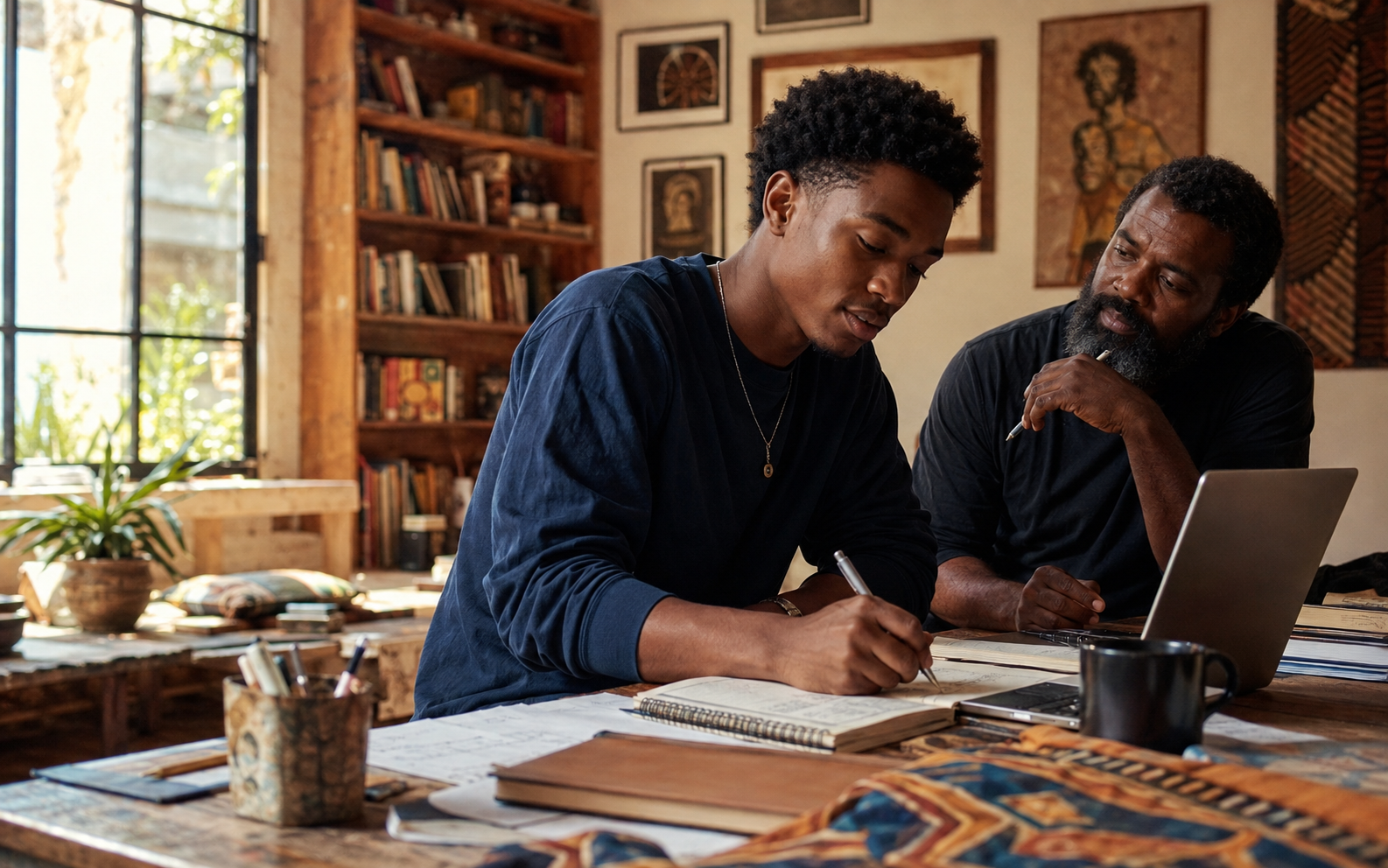 A young Black creator developing his work with an experienced Black mentor in a warm studio