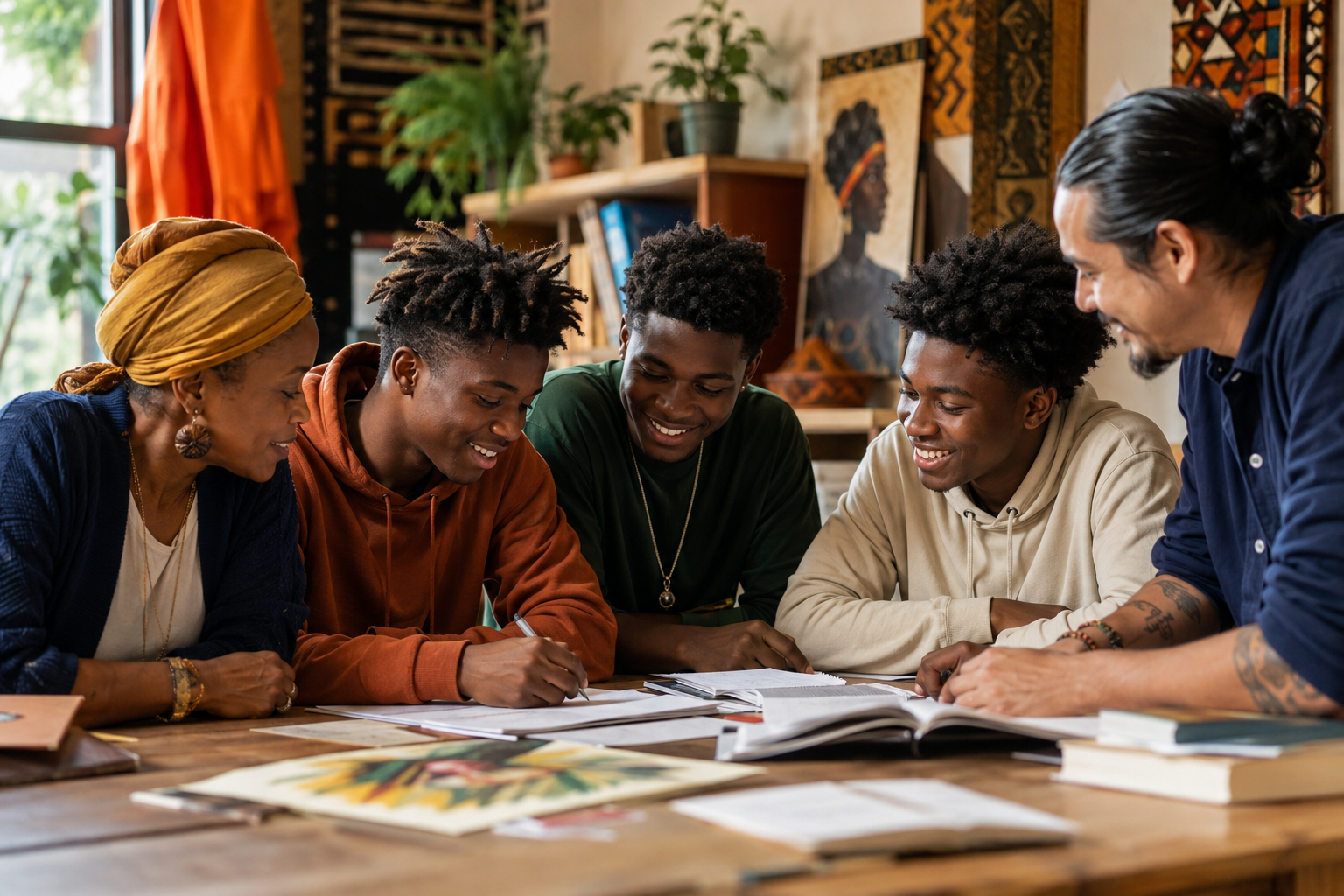 Young Black men creating together with a diverse team of educators